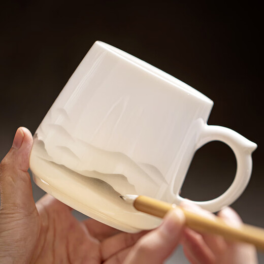 Gold inlaid jade tea cup three-piece set mutton fat jade porcelain household ceramic tea making tea water separation mug gift box Yunzhongyou