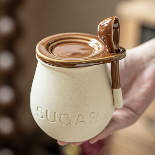 Youcci kitchen storage retro ceramic seasoning jar with lid spoon creative seasoning sugar salt jar set small lard jar household SUGAR small jar with lid-Mibai