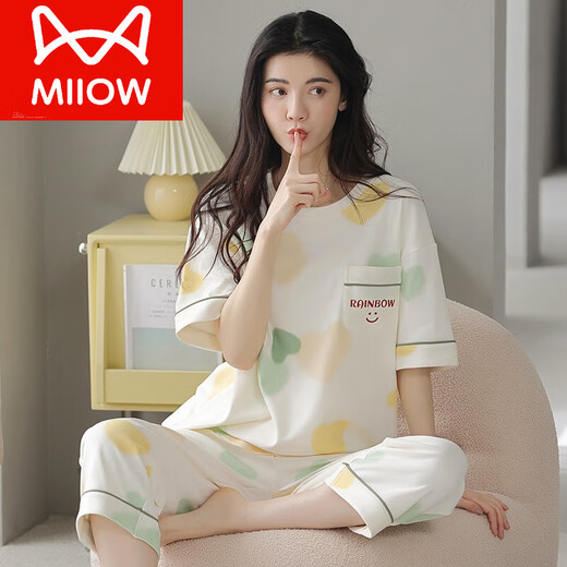猫人（MiiOW）2024睡衣女士夏季薄款纯棉短袖七分裤可外穿甜美休闲全棉家居服 9892 M 建议75-90斤穿