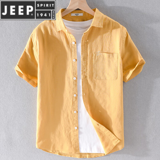 JEEP SPIRIT亚麻短袖衬衫男士夏季2025新款休闲棉麻大码白色薄款衬衣男款 9711蓝色 M 【100-110斤】