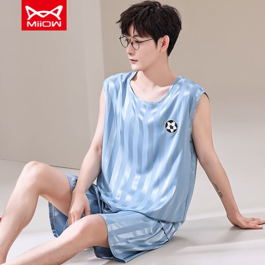 Catman Miiow Summer Ice Seide Pyjamas für Jugendliche dünne extra Größe Herrenweste ärmellose Shorts Home Clothing Set 9904 ICE Seidenmodell 80-Jin [Jin entspricht 0,5 kg]