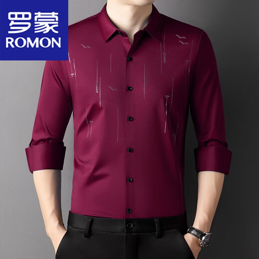 罗蒙（ROMON）酒红色衬衫男长袖婚宴装喜公公条纹结婚礼服爸爸免烫正装衬衣 318红色 180/2XL