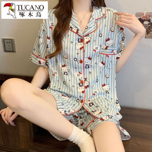 啄木鸟KT猫睡衣女款夏季短袖纯棉三件套装2025新款卡通可爱学生家居服 #FS-三件套14132 M 【75-95斤】