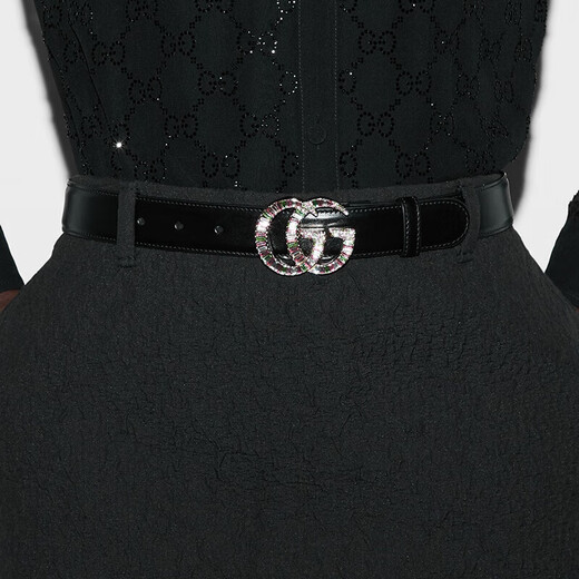 
Gucci (GUCCI) women's black leather double G multi-color crystal buckle belt 3 cm 7955630YAUG1047 65