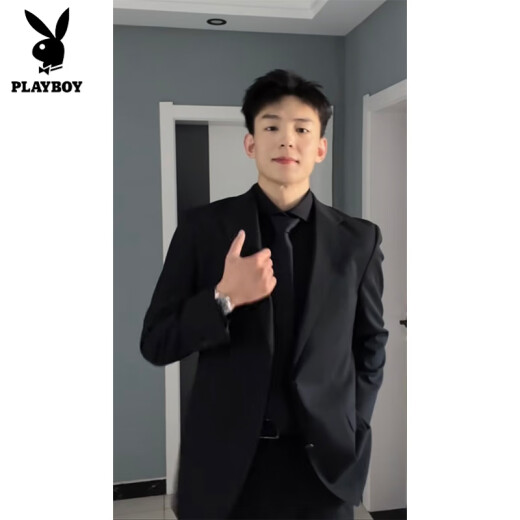 
Playboy men's black shoulder pad suit jacket men's spring and autumn style handsome outfit casual suit youth jacket black [shoulder pad] XL