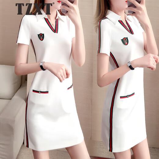 Tzxt Brand Trendy Luxury Luxury Casual Sports Robe à manches courtes pour femmes Loose Summer Nouveau mince Col de polo Col de t-shirt Straight 1595 Black L Recommandé 105-120Jin [Jin est égal à 0,5 kg]