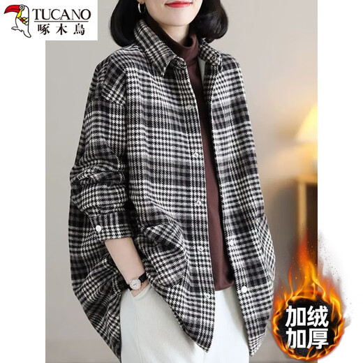 Woodpecker Brand Discount Retro Plaid Shirt Jacket Women's Western Style Loose Slim Lapel Plus Velvet Thick Brushed Top Black / Velvet Thickening Winter Warmth M Recommended 90-110 Jin Jin equals 0.5 kg