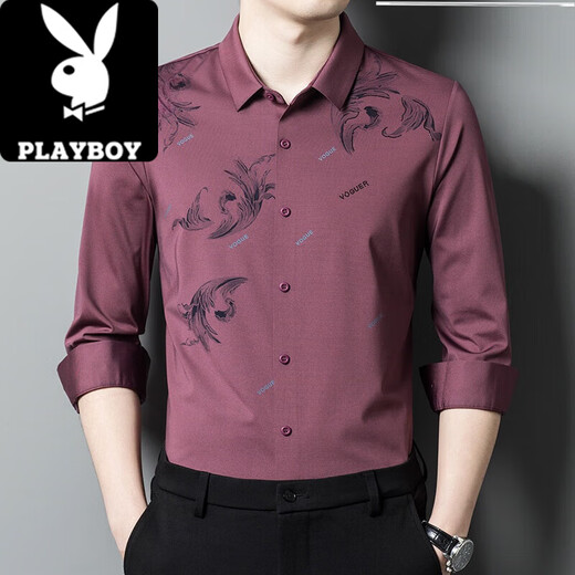 Playboy (PLAYBOY) Men's Pink Shirt Long Sleeve Spring and Autumn Groom Wedding Dress Happy Father-in-law Dad Knitted 6627 Red M 165 [110Jin [Jin equals 0.5 kg]]