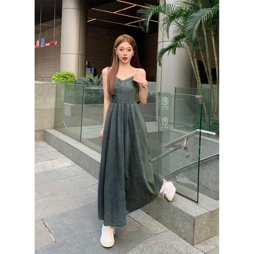 AJEFEFAT牛仔连衣裙女2024夏季新款高级感感做旧质感级吊带裙mm修身A字直 蓝色833 2XL 【建议135至150斤