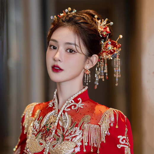 DR-FLVVS秀禾服头饰红色秀禾2024新款中式花朵古风大气龙凤褂新娘发饰 光霞古风7件套(耳夹款) X1591