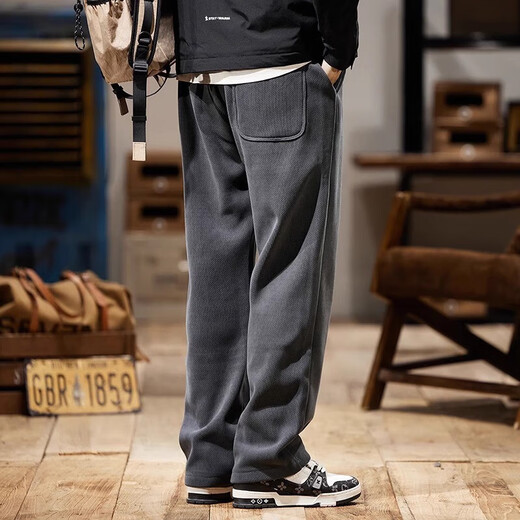Yinanshuoyi sweatpants men's straight-leg loose autumn and winter plus velvet sports pants casual wide-leg pants drape large size retro elastic trousers black regular style M 100-120Jin Jin equals 0.5 kg