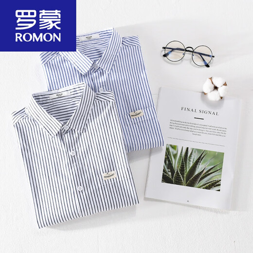 罗蒙（ROMON）男士条纹短袖衬衫日系宽松薄款上衣夏季休闲衣服潮流百搭衬衣 9738款 浅蓝条纹 L 110斤左右