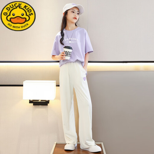 G.DUCKKIDS小黄鸭女童夏装套装儿童2025新款大童短袖t恤长裤夏季休闲运动服 15025米白色+9928紫色 170 cm
