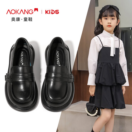 Aokang Aokang girls performance princess shoes genuine leather soft sole British spring and autumn new children's black small leather shoes Loaf single shoes black 34 suitable for feet length 20.8cm
