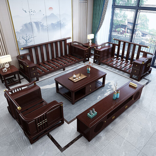 Nr. 1 Haoting Massives Holzsofa Wohnzimmer Neue chinesische Möbel Kleine Einzel- und Doppel-Dreifach-Sofa 2025 Neues Modell 9906# SaTenstoff vier Personen + Imperial Couch [Rahmen] Baumwolle und Linienstoff