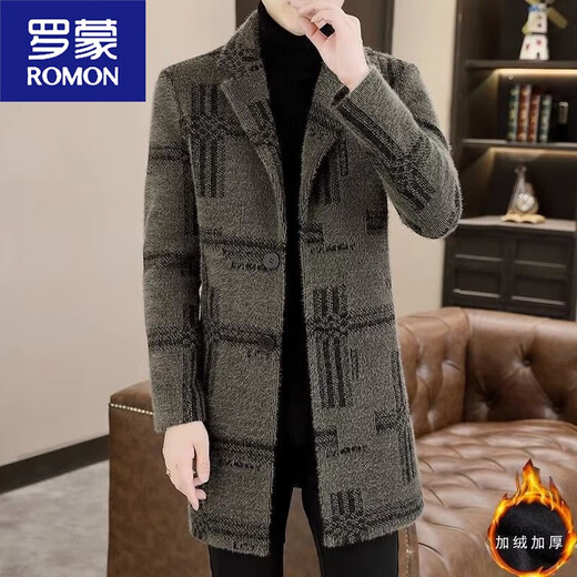 ROMON new winter woolen coat men's mid-length plus velvet warm windbreaker casual men's woolen coat light gray 3XL
