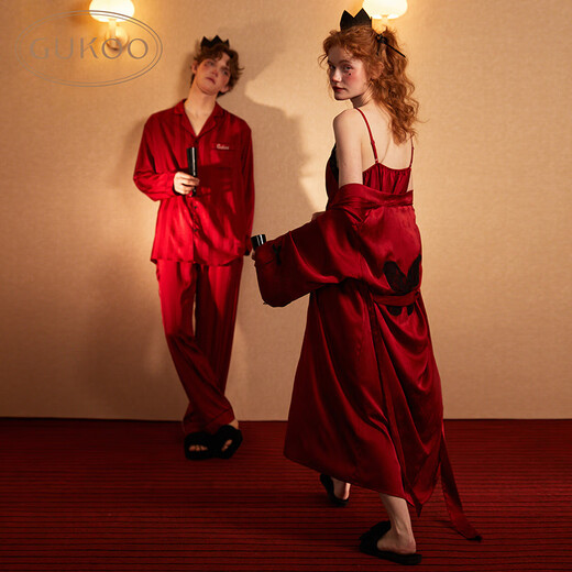 Gukoo Pajamas Couple Spring and Autumn Red Wedding Nightgown New Pajamas Men's Newlywed Home Wear Pajamas A Red Men's Set (No Gift Box) M