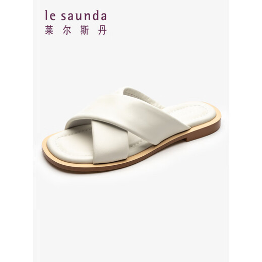 
Le saunda (le saunda) [soft bread] summer new genuine leather flat solid color sheepskin wears one-line sandals women's shoes 12801 3M black BKK 34
