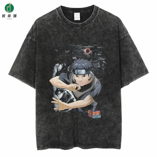 攸帝娣新款街头水洗做旧复古日系火影忍者Naruto动漫棉T恤男夏季短袖 B1396水洗黑 S