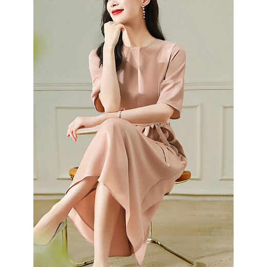 Olj Light Luxury Brand Seidenkleid für Frauen 2025 Sommer neuer kurzärmelige modische sanfte Temperament Mulberry Seidenrock Garnelpulver M Empfohlenes Gewicht 90-110jin [Jin gleich 0,5 kg] Kartencode zum großen Schießen groß
