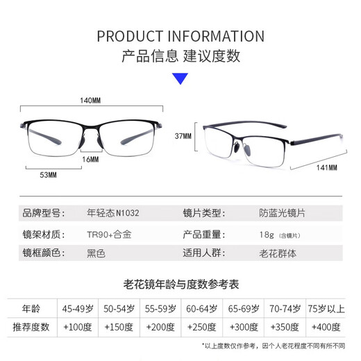 Junge Anti-Blau-Licht-Lesebrille Ultra-leichte HD-ältere Männer mittleren Alters und ältere Gläser N1032 Schwarz +200 Grad