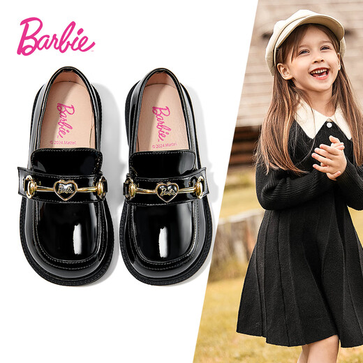 Barbie Children's Shoes Girls Spring and Autumn British Style Girls Performance Bright Leather Black Leather Shoes Slip-On DA6562 Black Size 36