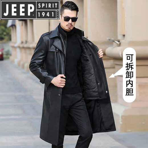JEEP SPIRIT long knee-length leather jacket for men, down-lined leather windbreaker, winter jacket, sheepskin coat, genuine leather down jacket, plus fleece, detachable inner collar and inner placket, 5XL/200 size
