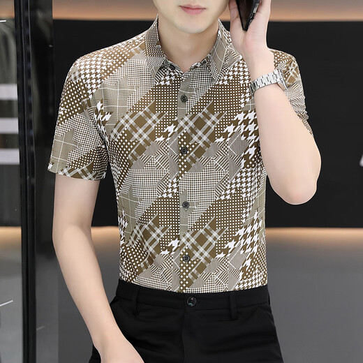
NuoMao high-end elastic ice silk men's shirt short-sleeved, non-iron breathable ice-sensing short-sleeved shirt men's business casual floral shirt 7031 dark brown XL (125-140Jin[Jin equals 0.5 kg])