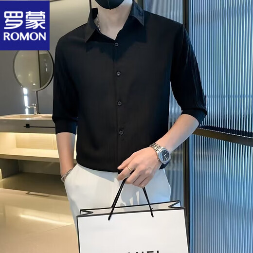 罗蒙（ROMON）七分袖衬衫男士痞帅夏季新款薄款中袖上衣衬衣冰丝条纹衬衣男装潮 白色 XL 参考130-145斤左右