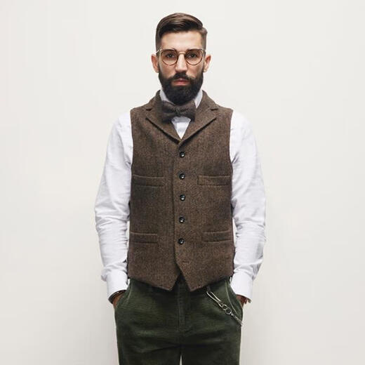 Chupu suit vest men's autumn and winter style autumn and winter herringbone vest British retro vest European and American khaki large size trend dark brown. S