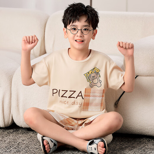 曼妮朵夏季儿童睡衣纯棉短袖短裤薄款男孩大童全棉青少年男童家居服套装 F724【双短】 175cm 加大L码【115-135斤】