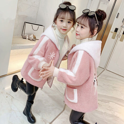 Ainolun Girls' Jacket Winter Style Thickened Woolen Coat for Girls 3-12 Years Old, Mid-Length Imitation Mink Velvet Clothes, Blue 130 Recommended Height 115-125cm
