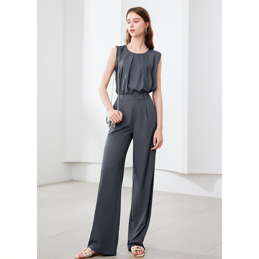 Betu women's summer new fashion suit round neck top and trousers two-piece suit for women 2406T42 Gray S