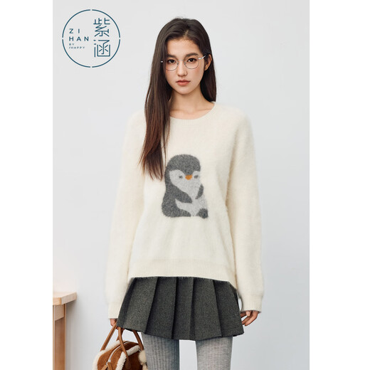 Zihan (ZIHAN) Zihan Wool Brushed Sweater Women's 2025 Winter New Penguin Jacquard Round Neck Loose Warm Inner Sweater Off-White M
