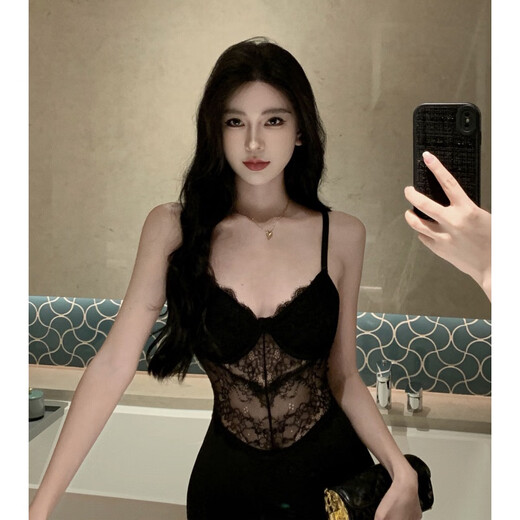 以欧（YIOU） 复古黑色蕾丝拼接高开叉性感包臀收腰气质吊带裙晚礼服9758- 黑色 L