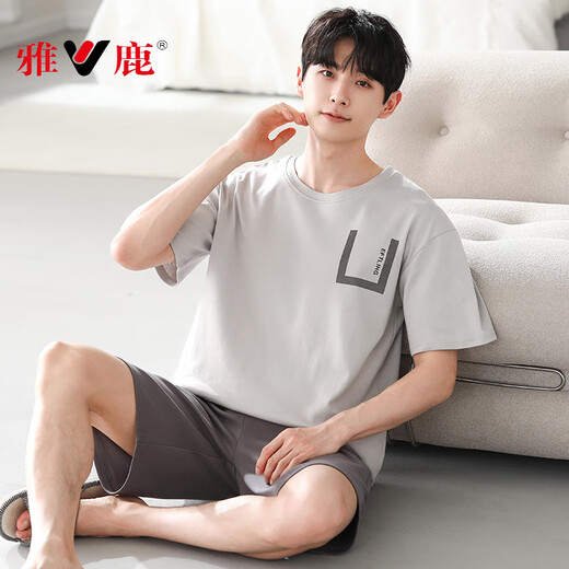 Yalu high-end pajamas men's summer cotton silk short-sleeved 2025 new summer teenager tranquil home clothing set YSX:9720 dark plaid pants cotton silk pullover short L