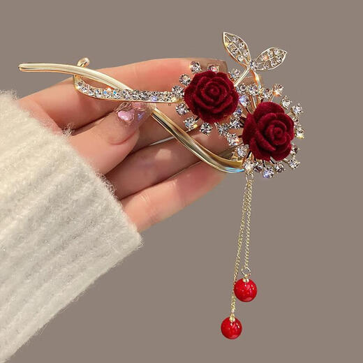 Shiyoushang red flower tassel hairpin wedding celebration mother-in-law tiara elegant cheongsam bun hair clip mother style cherry tassel