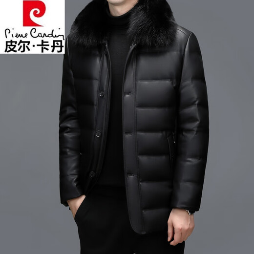 Pierre Cardin NEU National Standard Down Jacke Herren Schaffell Ständer Kragen Lederjacke Dad Winter im mittleren Alter warm und dünner Mantel Schwarz 6627 Modelle 185/2xl