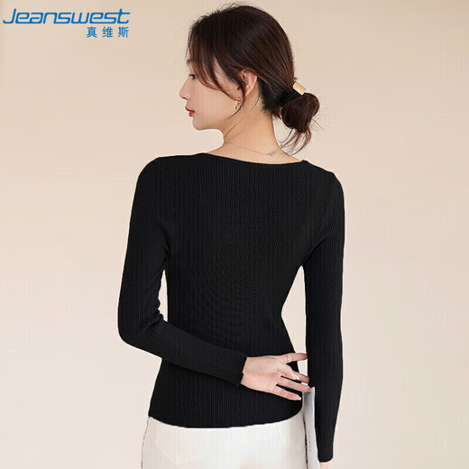 Jeanswest Knitwear Women's 2025 Autumn Slim V-neck Long Sleeve Bottoming Knitwear Inner Top Women's Black One Size