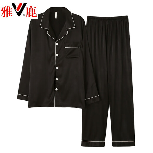 Yalu 2024 Paar Pyjamas für Frauen im Frühlings- und Herbsteiseneis Seiden Langarm Dünne Imitation Seiden Heimkleidung für Frühlings- und Sommer -Männer Schwarz -Weiß Lake Blue 6630# Men Mdf L.