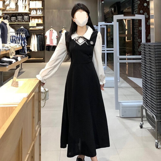 Sekong 2025 Autumn and Winter Nuevo vestido de empalme falso de dos piezas Slim Long Skirt College Black and White Color Skirt KME DMJ1098 Vestido largo XL [sugerido 115-130Jin [Jin equivale a 0.5 kg]]]