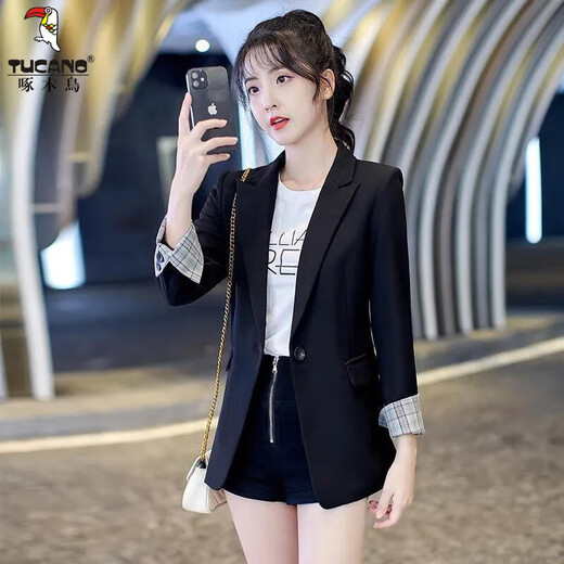 Woodpecker professional small suit jacket for women 2026 spring and autumn new large size loose 200Jin Jin equals 0.5kg casual short suit top black L 100-120Jin Jin equals 0.5kg