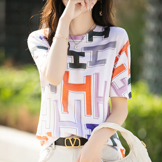 HMRSV桑蚕丝短袖T恤女2025夏季新款休闲时尚设计感凉感马家印花上衣潮 H字母印花854 XL