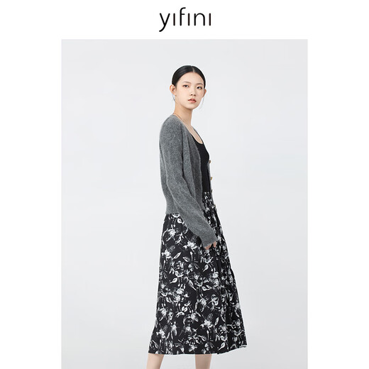 易菲（YIFINI）中国风水墨印花半身裙女春秋新款中长款A字裙国潮B09Q3937 黑色植物印花 S