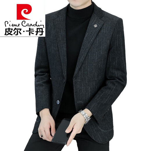 Pierre Cardin small blazer men's business casual tops high-end brand woolen striped suit commuting drape single suit black dark pattern 6001-1 2XL 185 recommended 150-165Jin Jin equals 0.5 kg