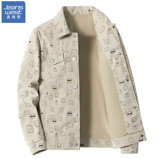 Jeanswest quilted thickened corduroy jacket men's autumn and winter cotton shirt jacket lapel work jacket full-bottom printing trend thickened off-white L