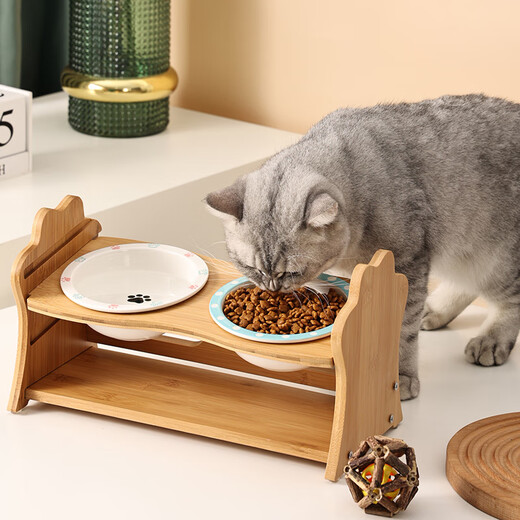 CLCEY Ceramic Cat Bowl Rack Protects Cervical Vertebral Anti-Black Chin Small Dog Anti-Slip Anti-Tip Teddy Adjustable Height Dog Bowl Blue Side Bone Bowl + Single Bowl Rack