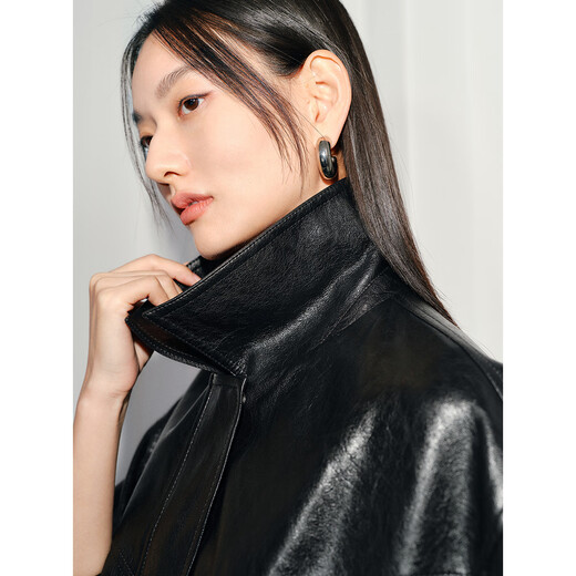 太平鸟女装短外套仿手搓油蜡皮PU皮衣外套女春装宽松夹克 黑色 M