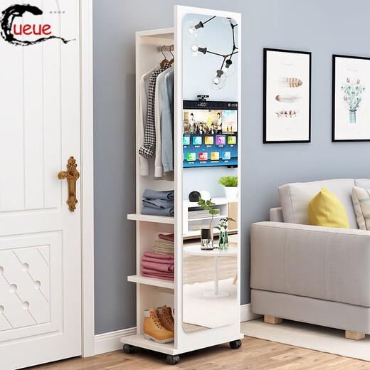 Mirador de aderezo de Ueue Ropa colgante Hanger Integrado de cuerpo completo Gabinete de almacenamiento del espejo del espejo del espejo del hogar del dormitorio del dormitorio móvil Espejo de un blanco cálido