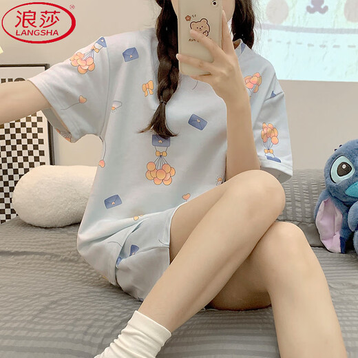 浪莎（LangSha）新款睡衣女夏季棉质短袖短裤爆款可爱宿舍甜美薄款两件套装家居服 1047小狗 L 100-110